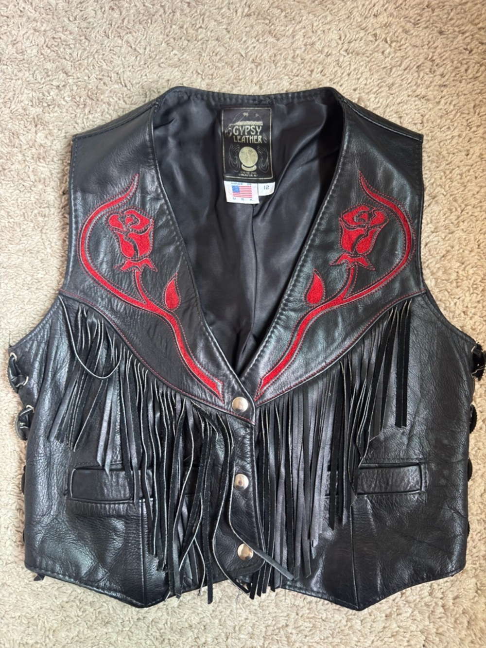 Vintage 70s Leather Vest by Gypsy Leather with Roses Details 🇺🇸 Made in USA